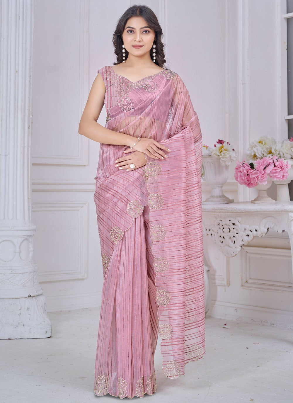 Cut Work Jacquard Pink Traditional Saree S14972