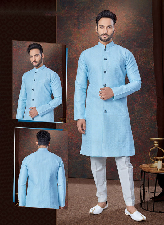 Plain Jacquard Aqua Blue Indo Western - M7677