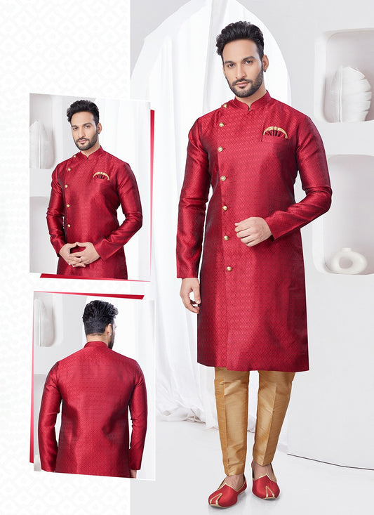 Plain Jacquard Maroon Indo Western - M7695