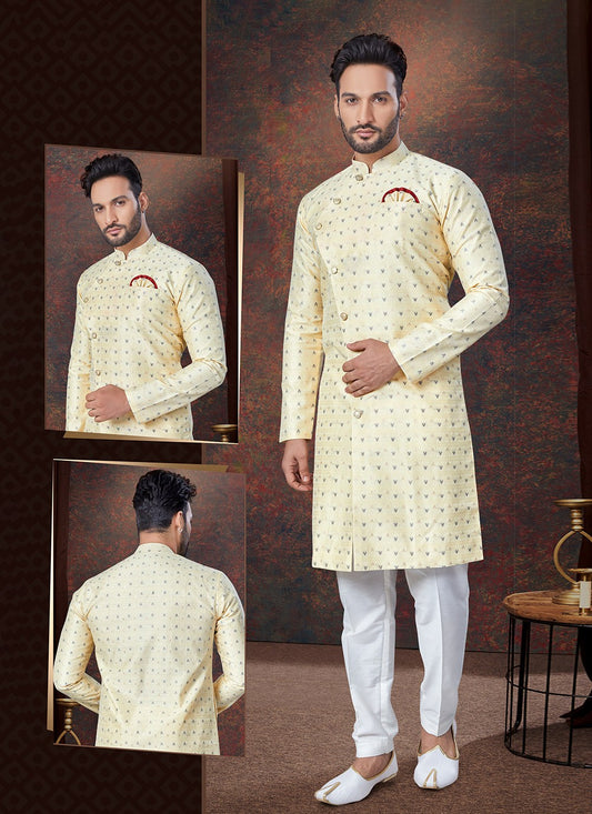 Plain Jacquard Gold Indo Western - M7675