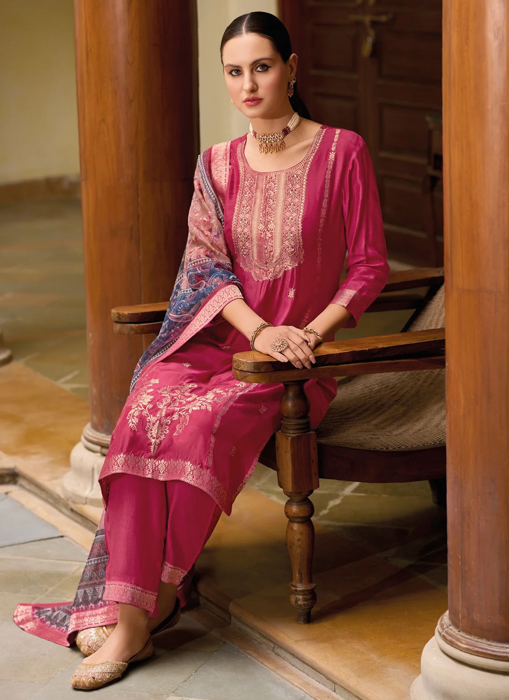Jacquard Work Jacquard Hot Pink Salwar Suit T6176