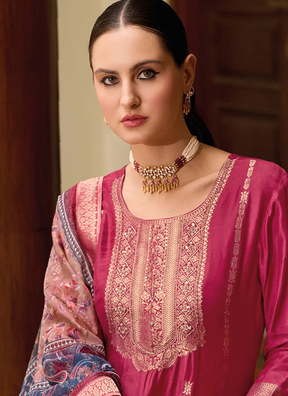 Jacquard Work Jacquard Hot Pink Salwar Suit T6176