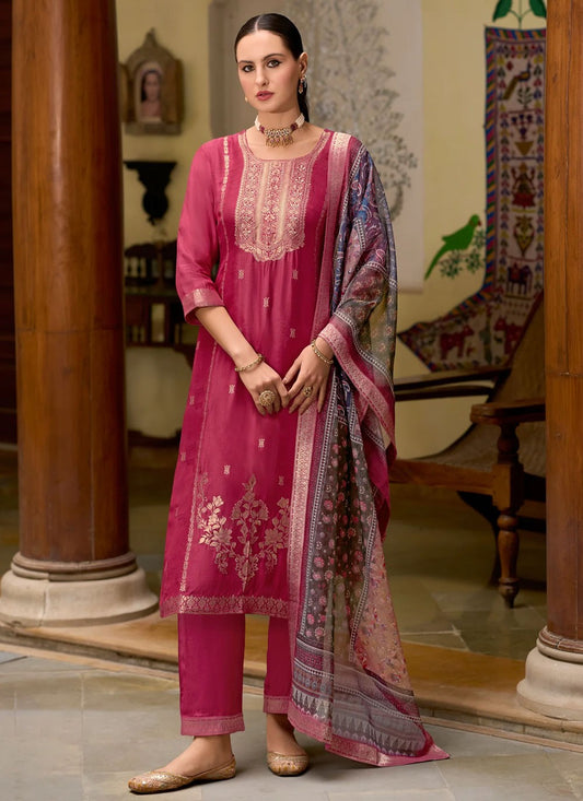Jacquard Work Jacquard Hot Pink Salwar Suit T6176