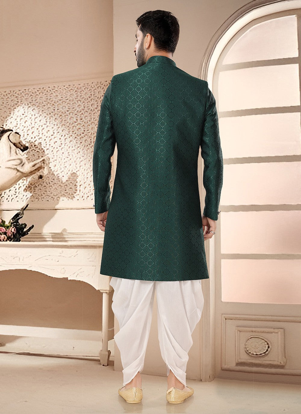 Woven Jacquard Green Sherwani - M7570