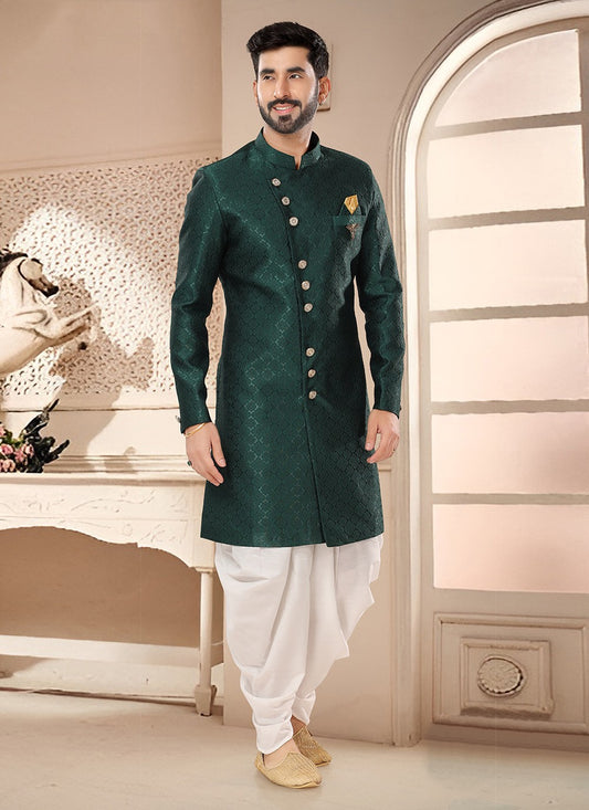 Woven Jacquard Green Sherwani - M7570