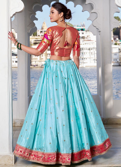 Lace Jacquard Silk Aqua Blue Lehenga - L3395