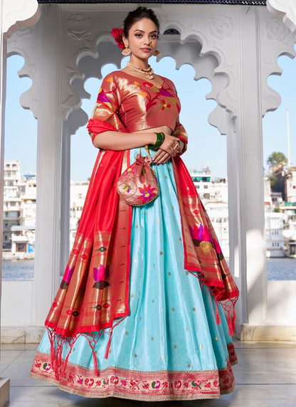Lace Jacquard Silk Aqua Blue Lehenga - L3395