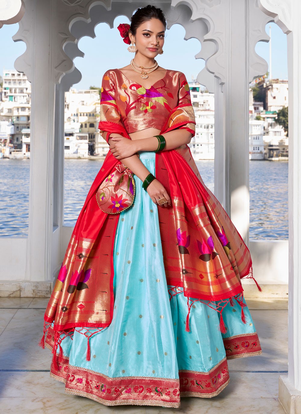 Lace Jacquard Silk Aqua Blue Lehenga - L3395