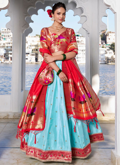 Lace Jacquard Silk Aqua Blue Lehenga - L3395