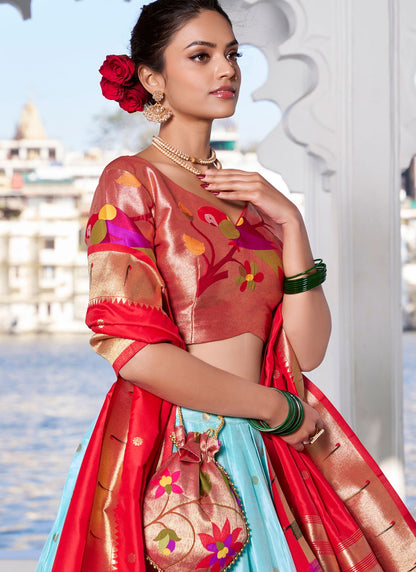 Lace Jacquard Silk Aqua Blue Lehenga - L3395