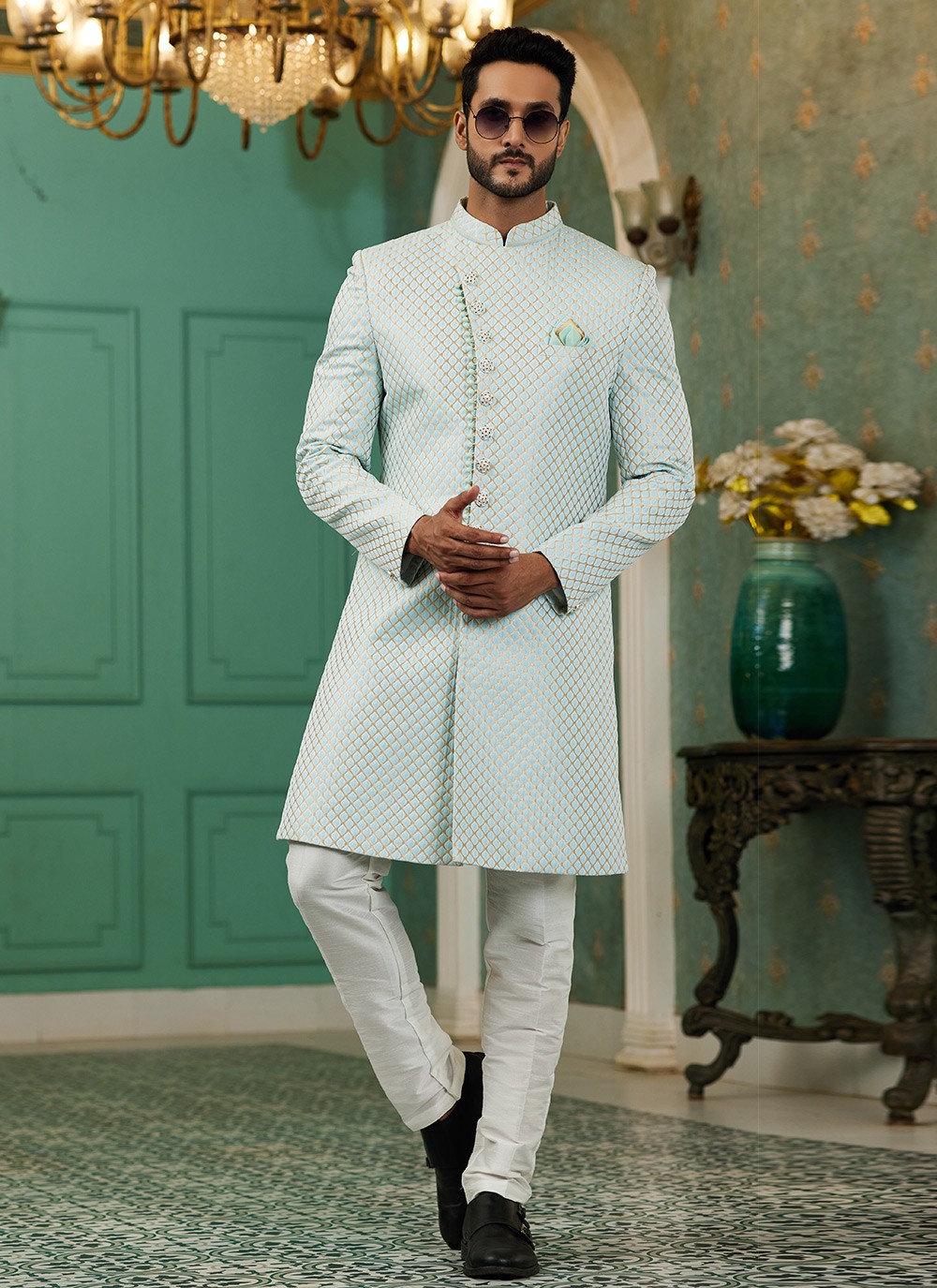 Fancy Work Jacquard Silk Aqua Blue Indo Western - M6445