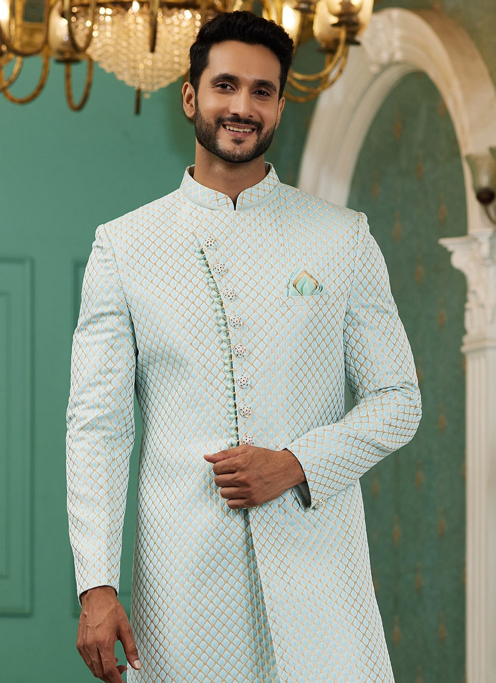 Fancy Work Jacquard Silk Aqua Blue Indo Western - M6445