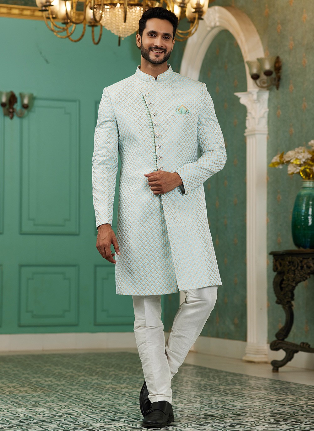 Fancy Work Jacquard Silk Aqua Blue Indo Western - M6445