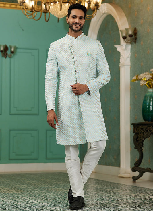 Fancy Work Jacquard Silk Aqua Blue Indo Western - M6445