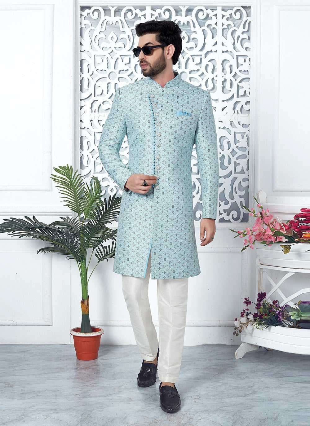 Fancy Work Jacquard Silk Aqua Blue Indo Western - M6622