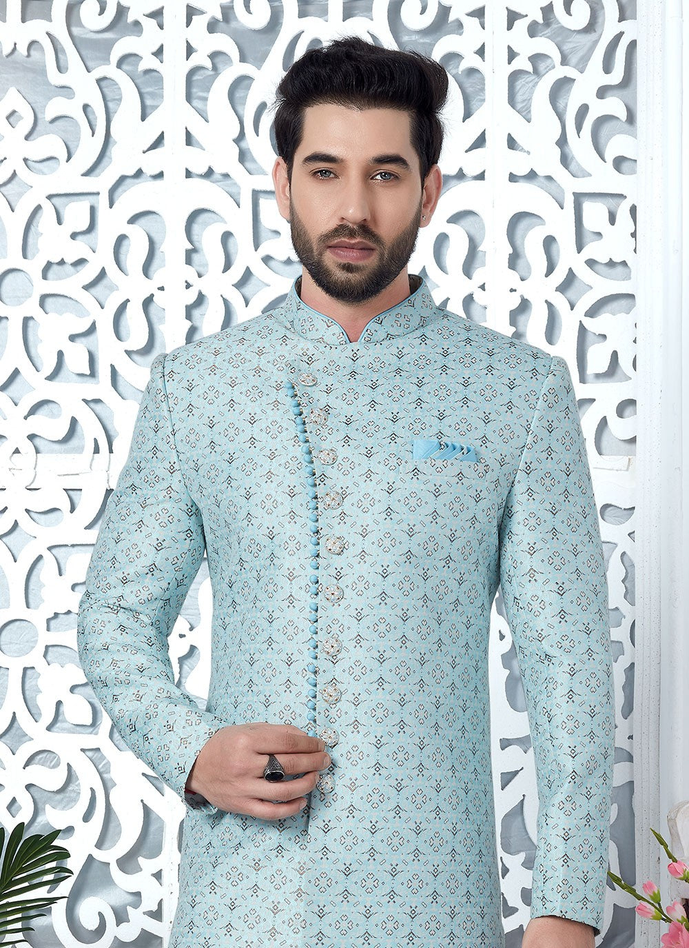 Fancy Work Jacquard Silk Aqua Blue Indo Western - M6622
