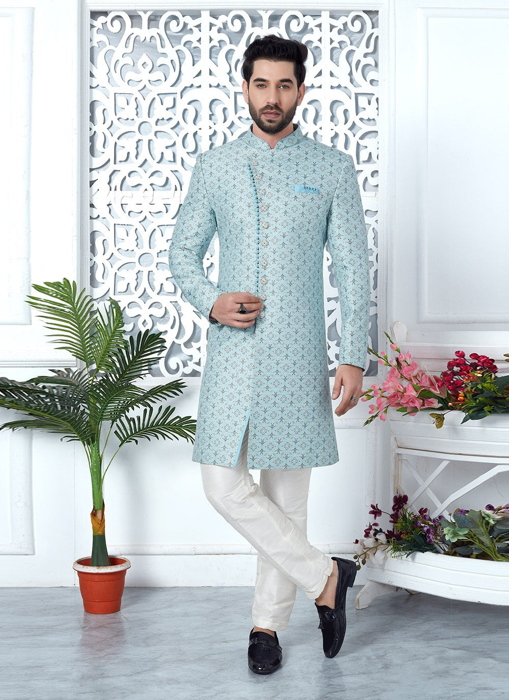 Fancy Work Jacquard Silk Aqua Blue Indo Western - M6622