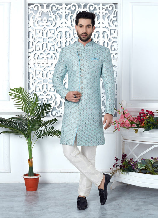Fancy Work Jacquard Silk Aqua Blue Indo Western - M6622
