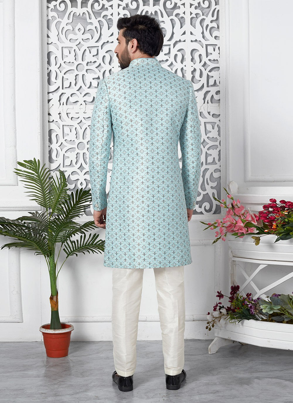 Fancy Work Jacquard Silk Aqua Blue Indo Western - M6622