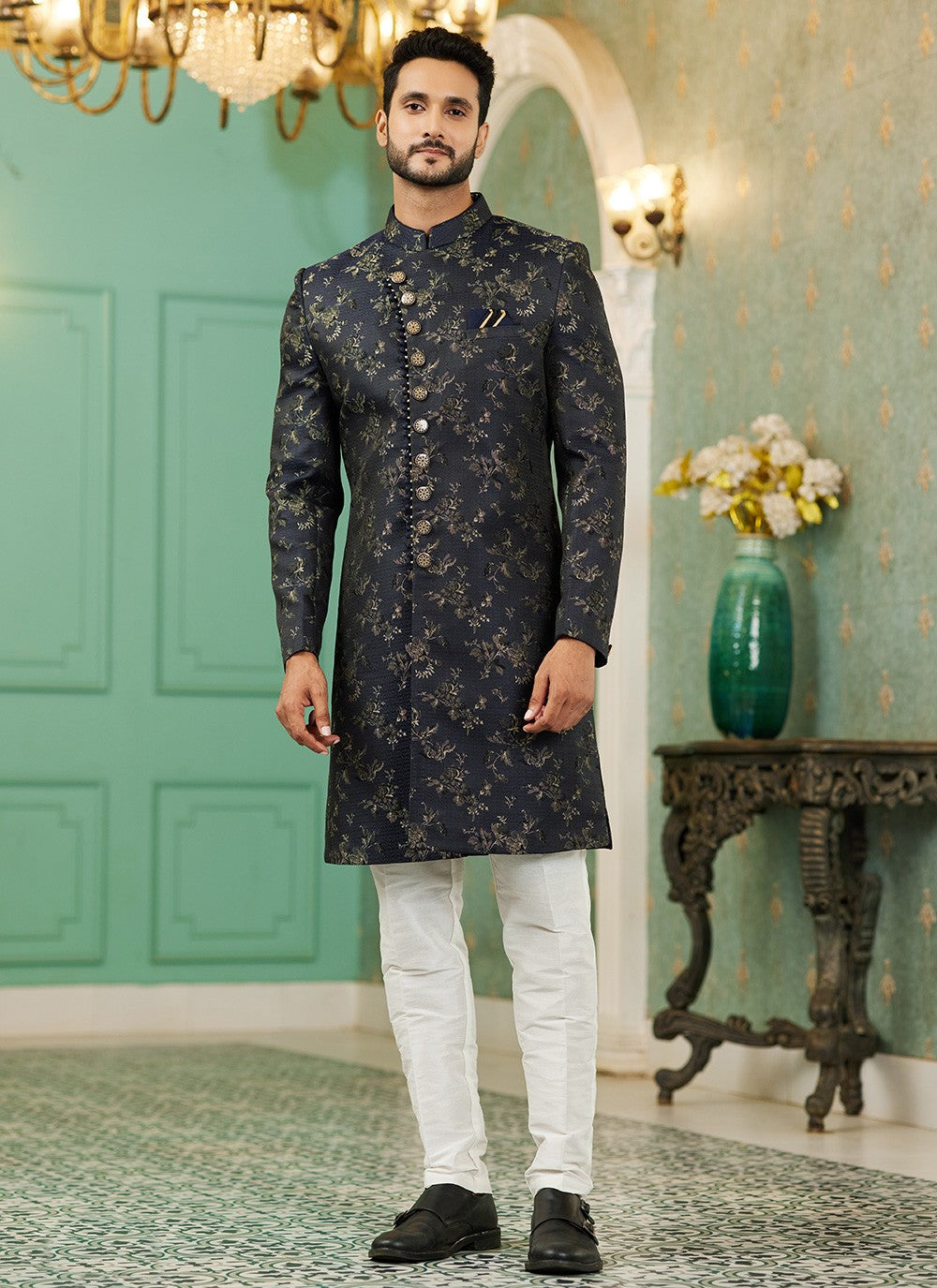 Fancy Work Imported, Jacquard Silk Black Indo Western - M6450