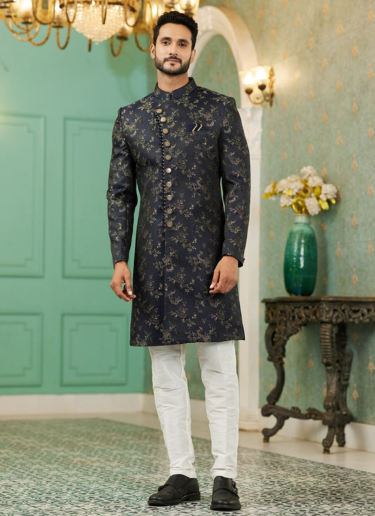Fancy Work Imported, Jacquard Silk Black Indo Western - M6450