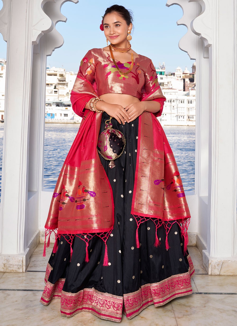 Lace Jacquard Silk Black Lehenga - L3392