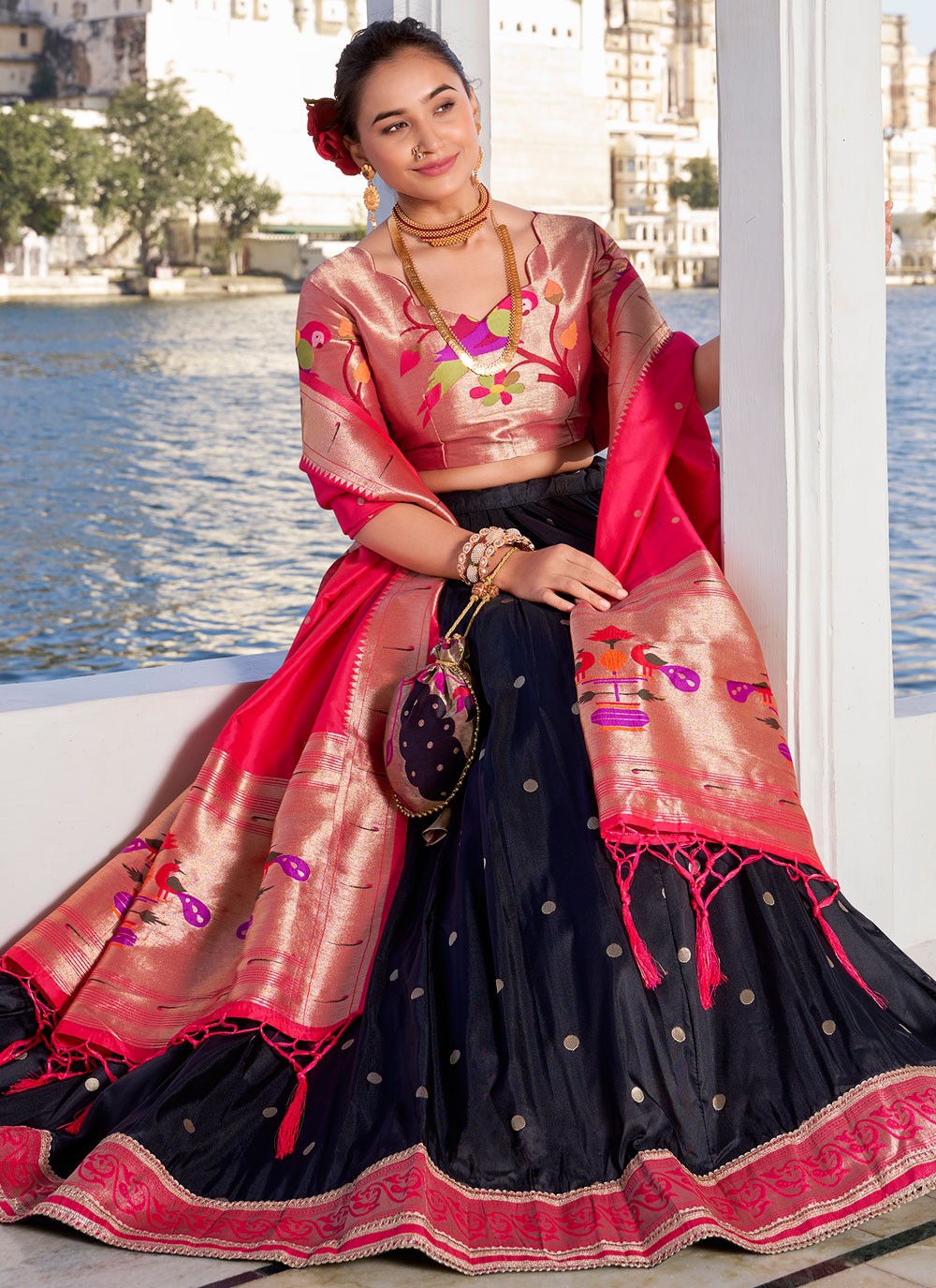 Lace Jacquard Silk Black Lehenga - L3392