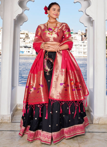 Lace Jacquard Silk Black Lehenga - L3392