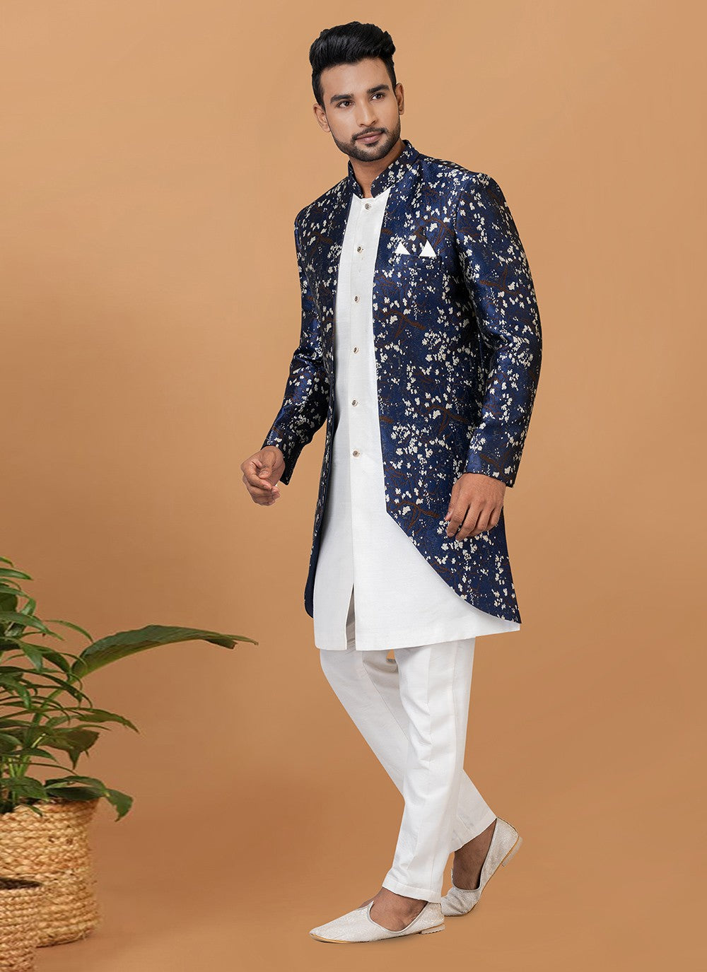 Fancy Work Dupion Silk, Jacquard Silk Blue, White Indo Western Sherwani - M6002