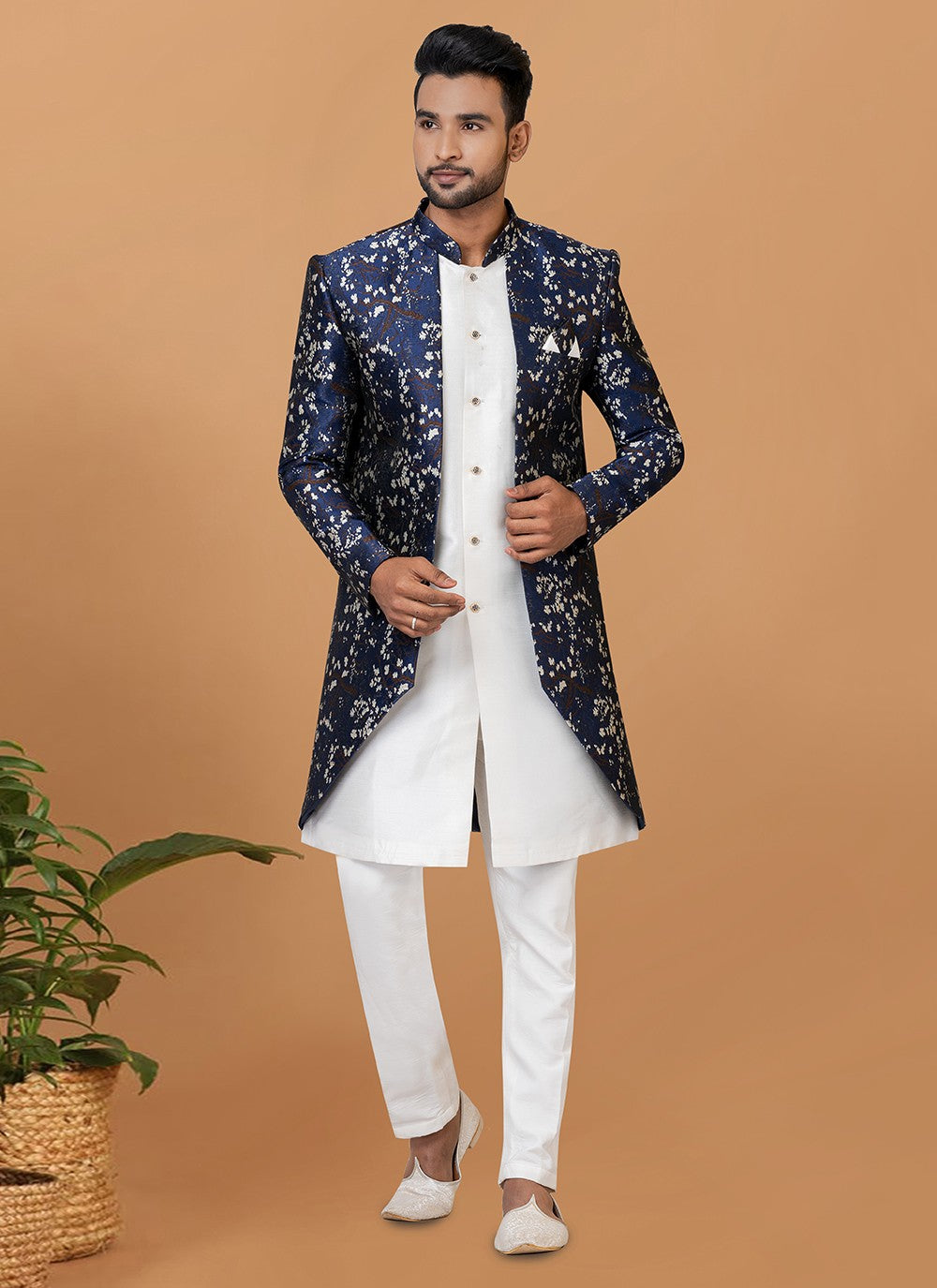 Fancy Work Dupion Silk, Jacquard Silk Blue, White Indo Western Sherwani - M6002