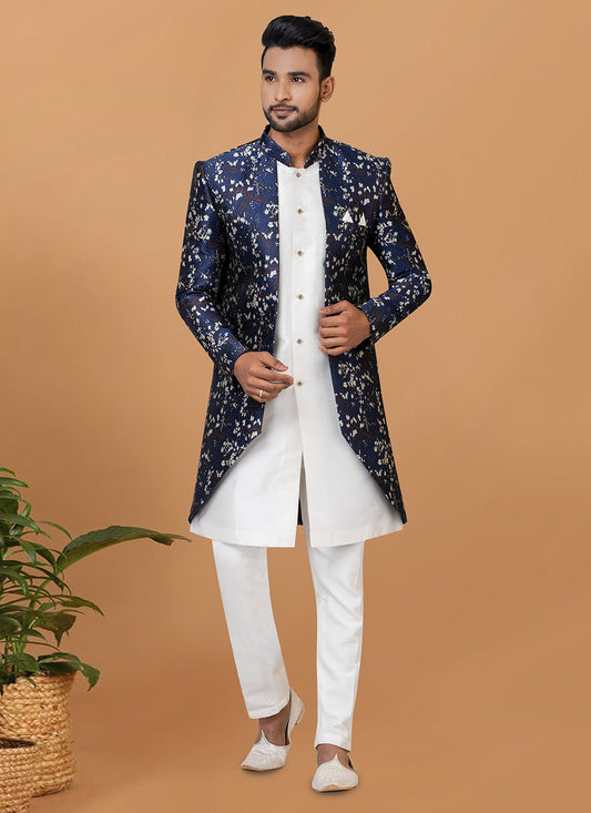 Fancy Work Dupion Silk, Jacquard Silk Blue, White Indo Western Sherwani - M6002
