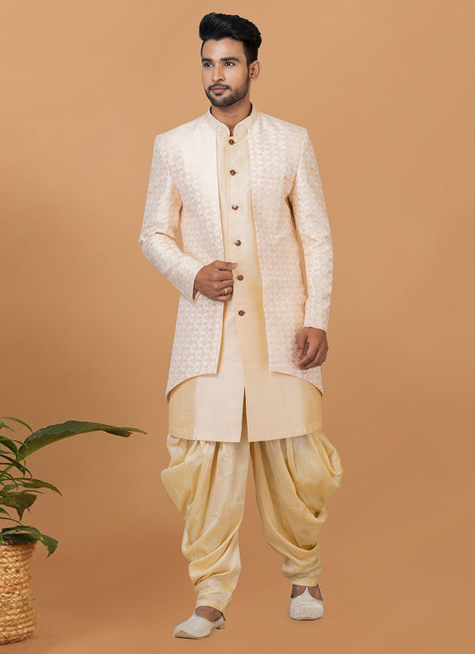 Fancy Work Dupion Silk, Jacquard Silk Cream, Off White Indo Western Sherwani - M5984
