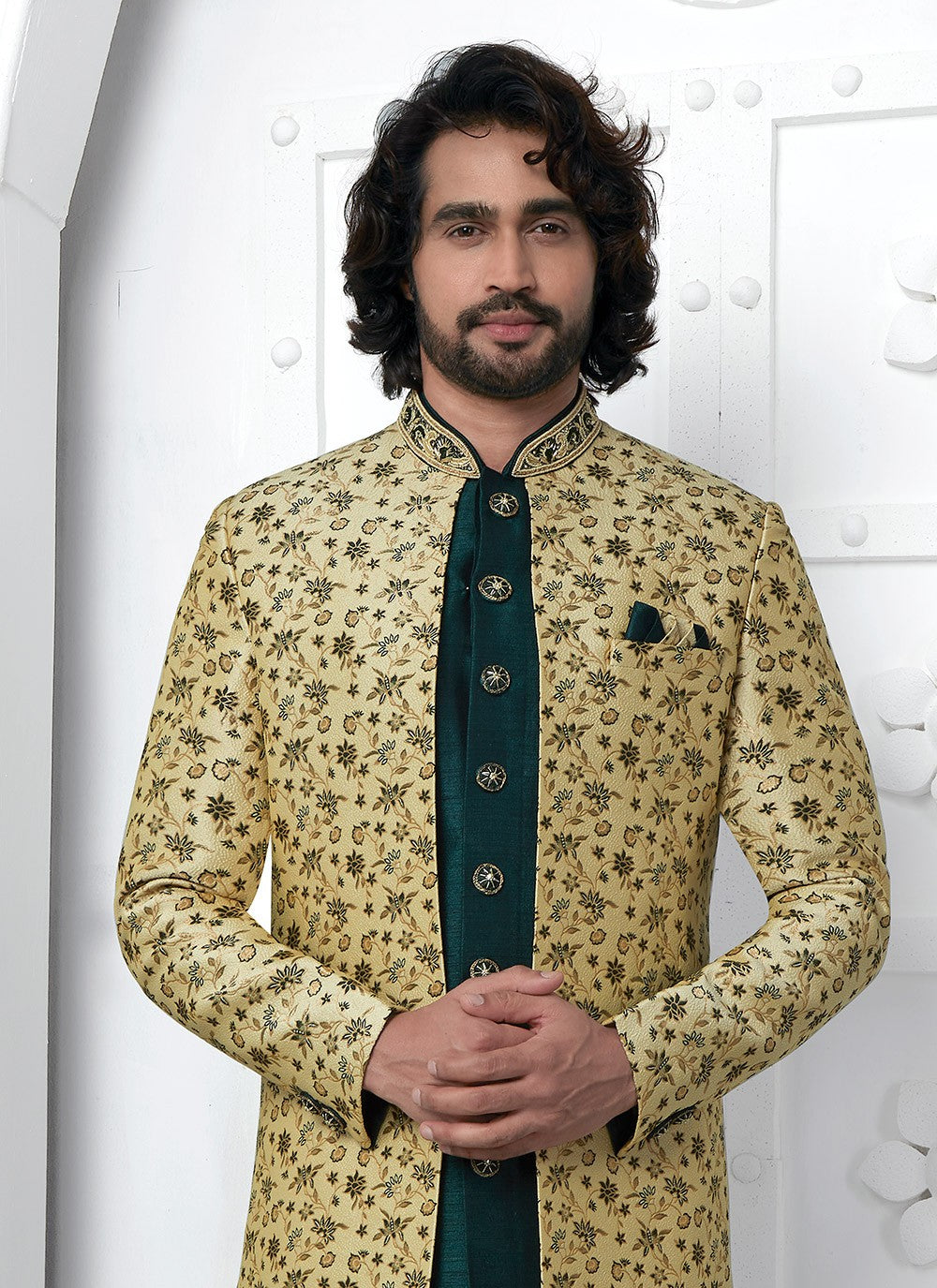 Embroidered Jacquard Silk Beige, Green Indo Western - M6621