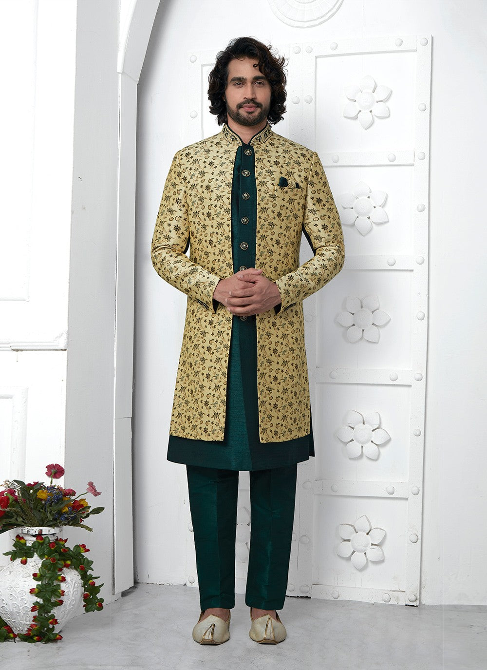 Embroidered Jacquard Silk Beige, Green Indo Western - M6621
