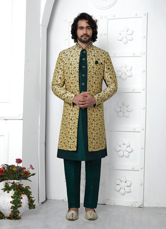 Embroidered Jacquard Silk Beige, Green Indo Western - M6621