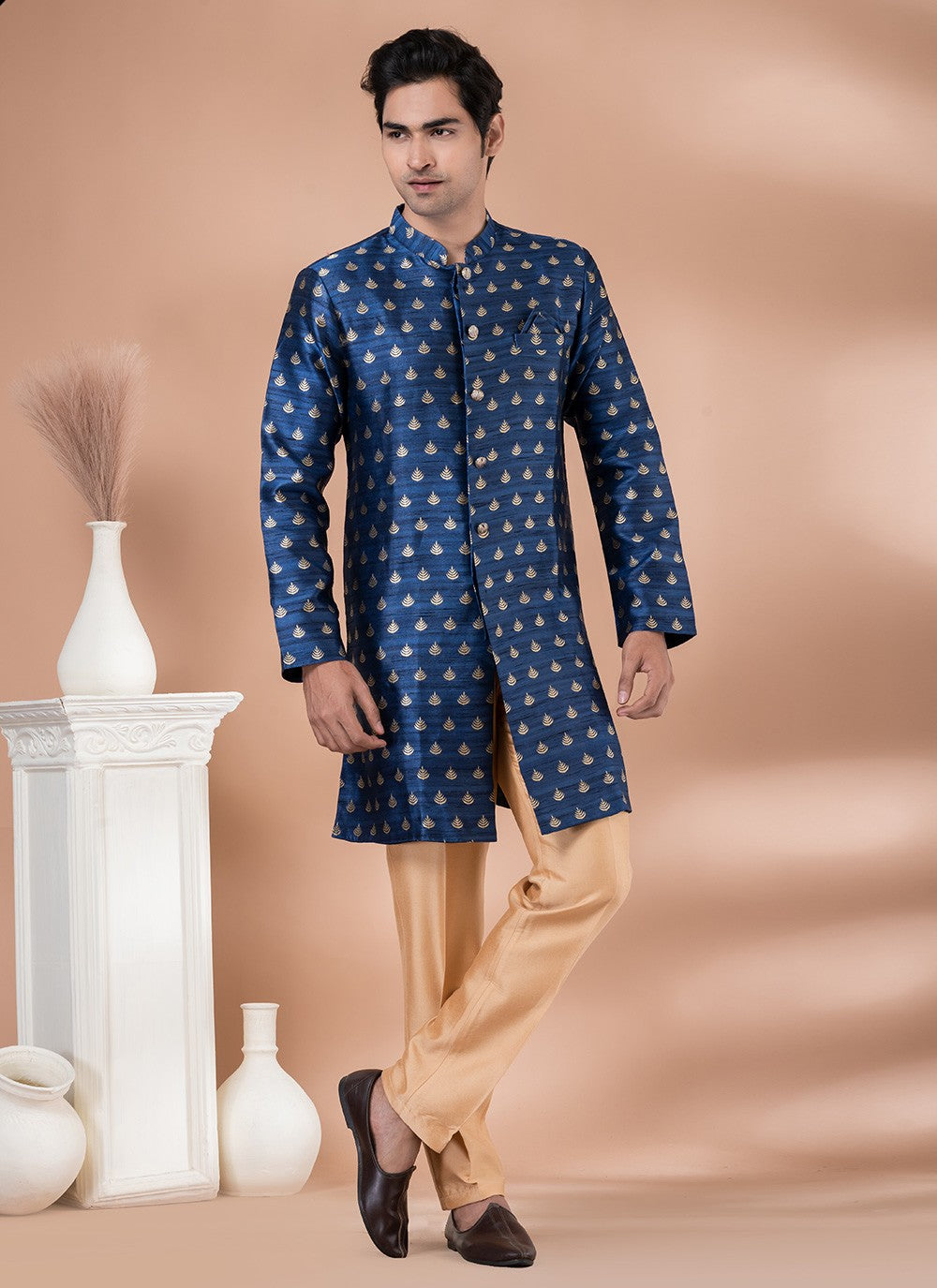 Embroidered Jacquard Silk Blue Indo Western - M7053