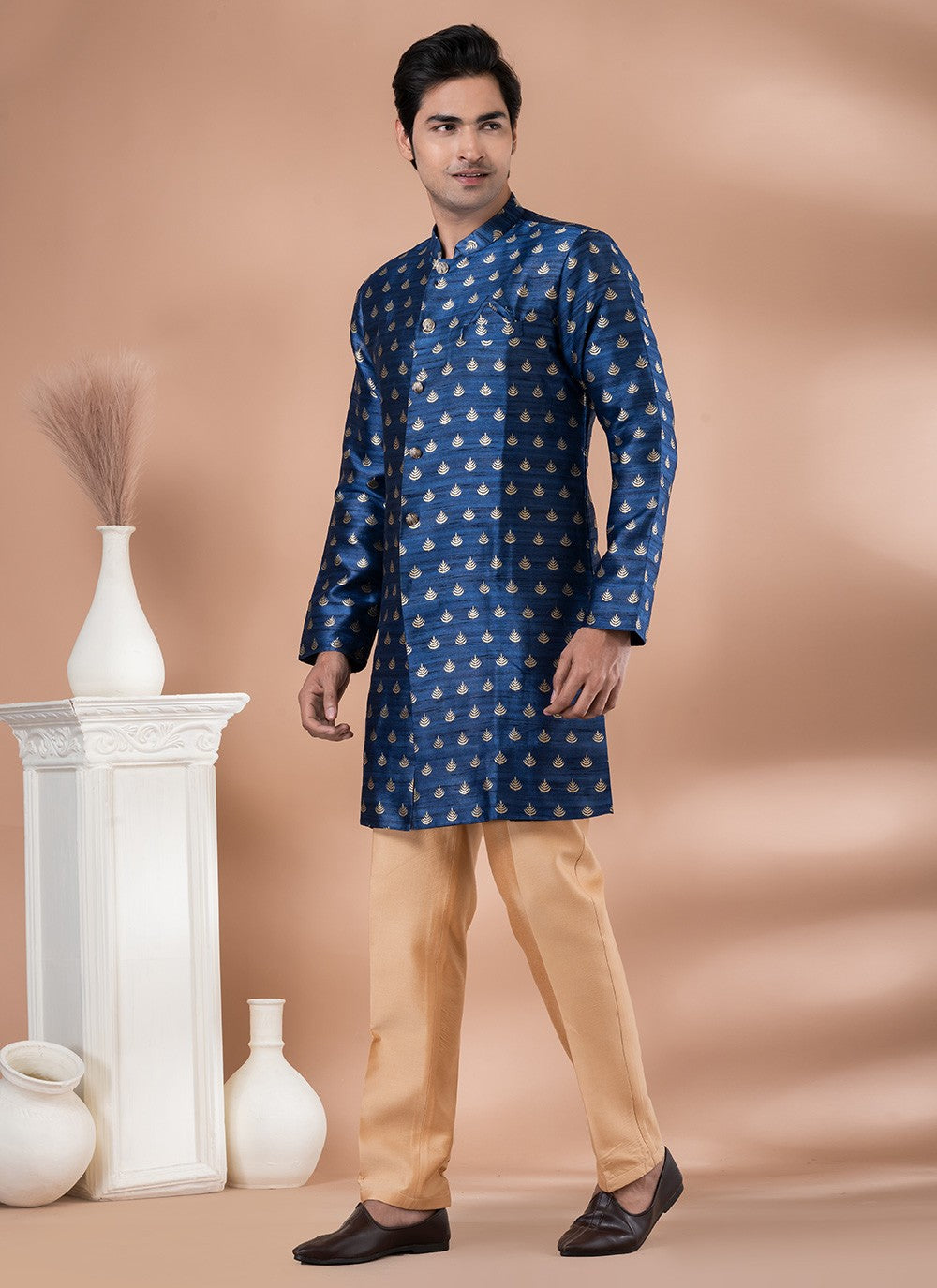 Embroidered Jacquard Silk Blue Indo Western - M7053
