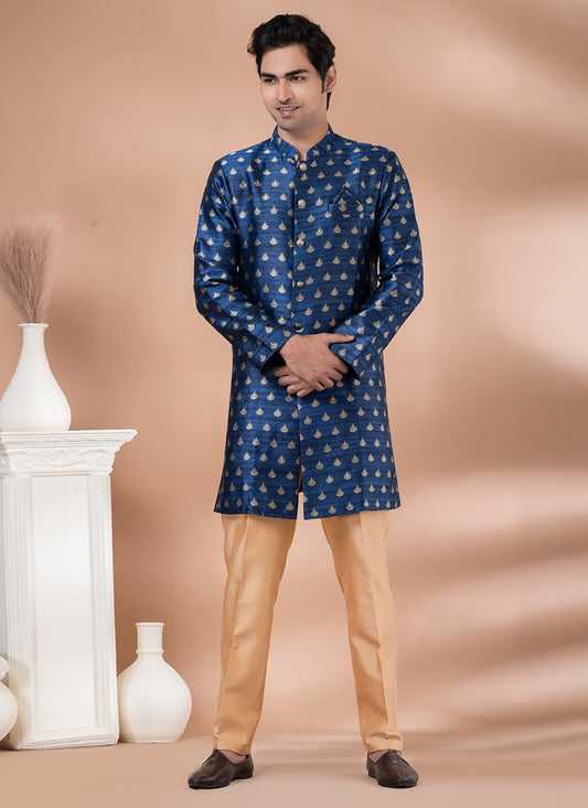 Embroidered Jacquard Silk Blue Indo Western - M7053
