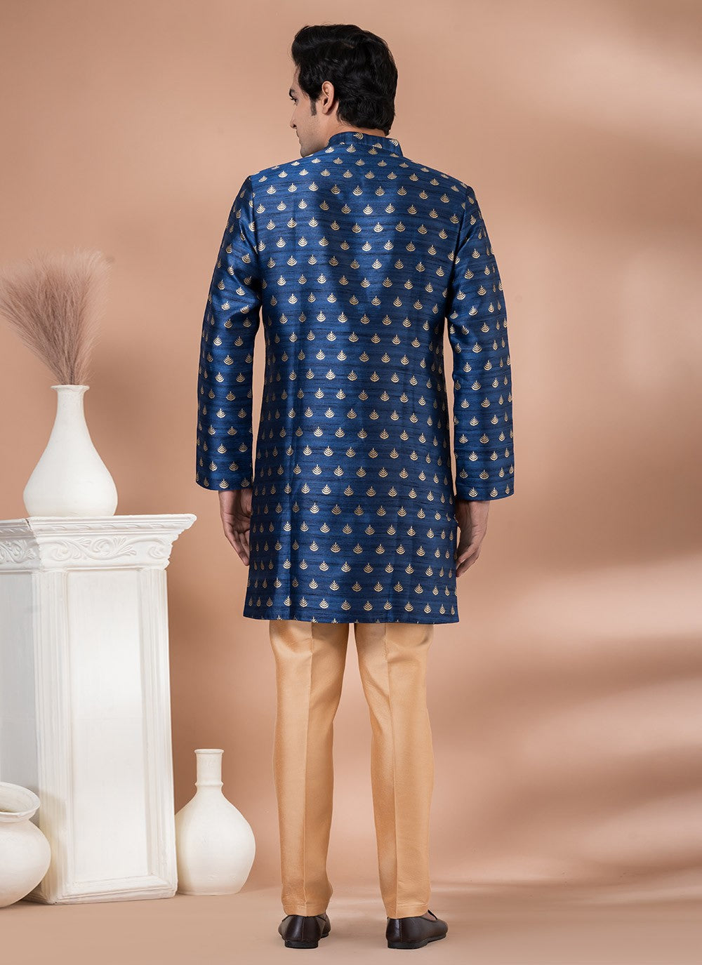 Embroidered Jacquard Silk Blue Indo Western - M7053