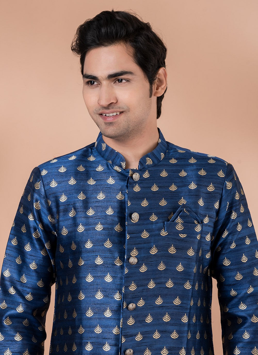 Embroidered Jacquard Silk Blue Indo Western - M7053