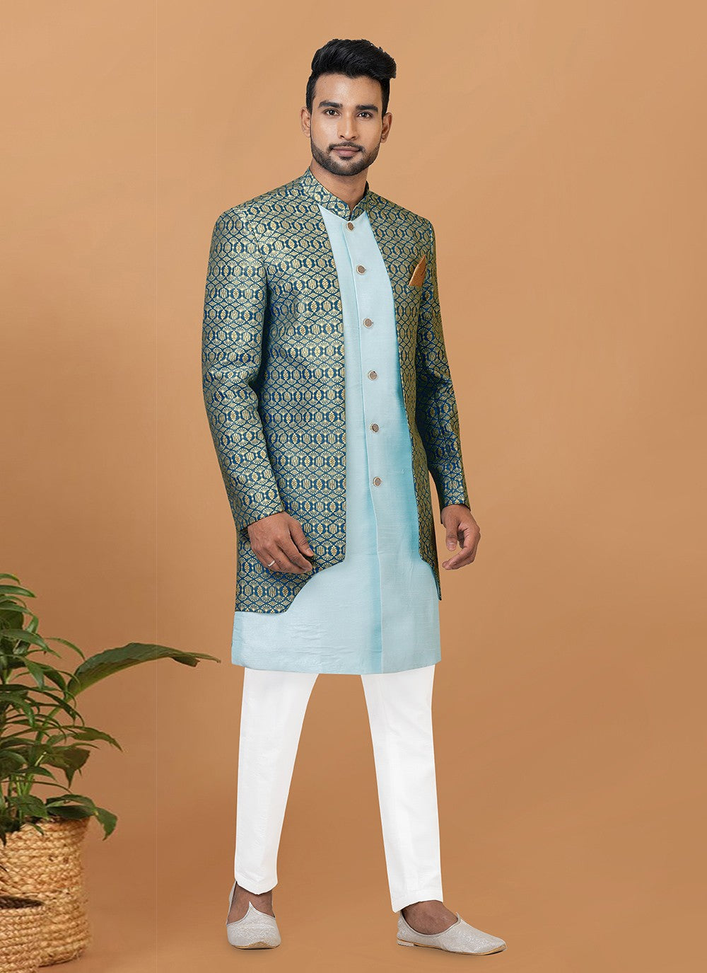 Fancy Work Jacquard Silk Aqua Blue, Green Indo Western - M7725