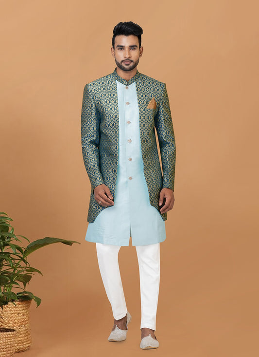 Fancy Work Jacquard Silk Aqua Blue, Green Indo Western - M7725