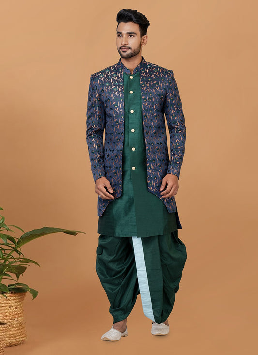 Fancy Work Dupion Silk, Jacquard Silk Blue, Green Indo Western - M5991