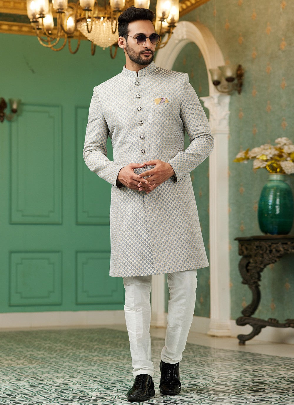 Fancy Work Jacquard Silk Grey Indo Western - M6446