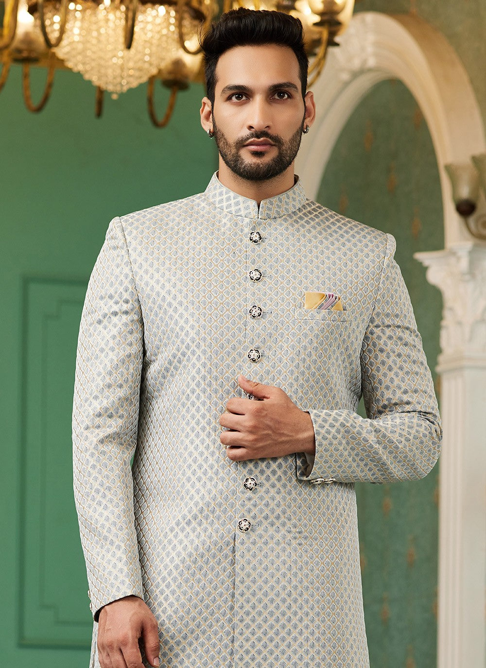 Fancy Work Jacquard Silk Grey Indo Western - M6446