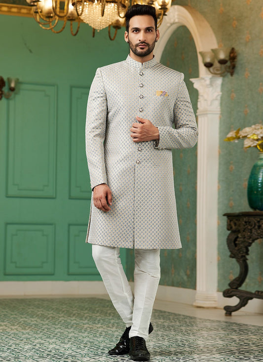 Fancy Work Jacquard Silk Grey Indo Western - M6446