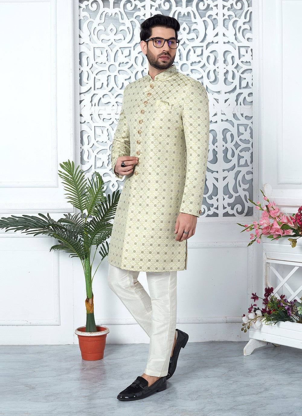 Fancy Work Jacquard Silk Sea Green Indo Western - M6626