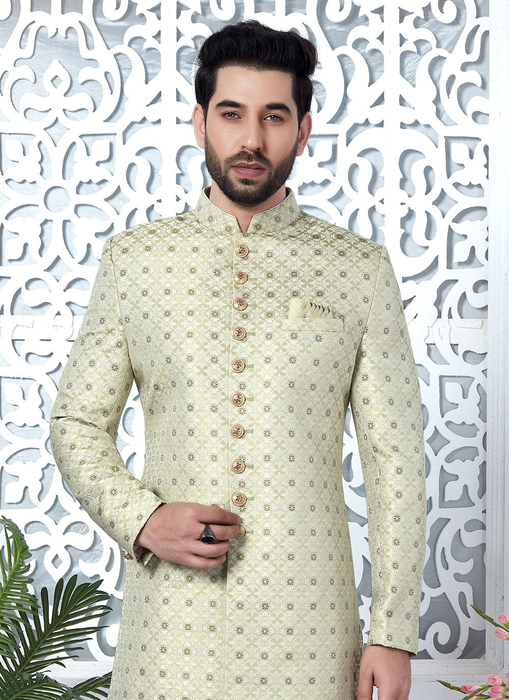 Fancy Work Jacquard Silk Sea Green Indo Western - M6626