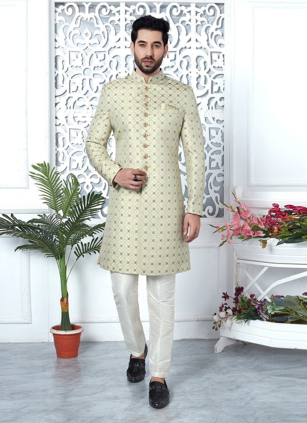 Fancy Work Jacquard Silk Sea Green Indo Western - M6626