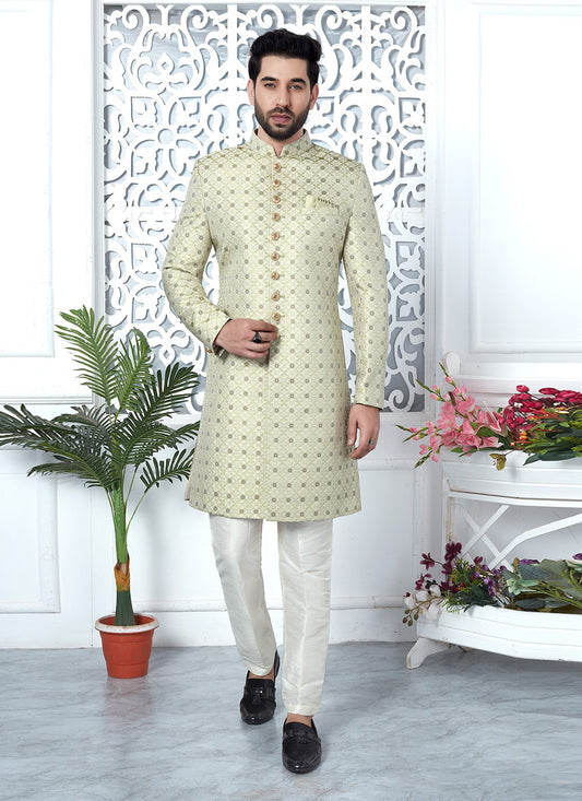 Fancy Work Jacquard Silk Sea Green Indo Western - M6626